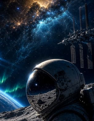 Astronaut visor reflecting a luminous deep-space scene