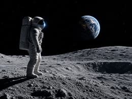 Astronaut standing on a moon ridge with Earth above the horizon