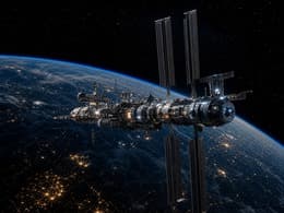 Orbital station above Earth's night side