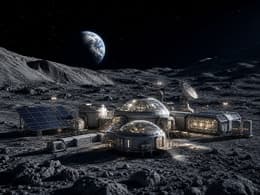Lunar base with habitat domes under Earthlight