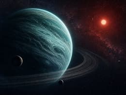 Teal exoplanet system with moons and a distant red star
