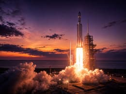 Rocket launching at dusk with smoke and flame